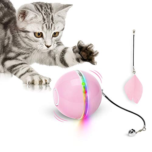 WWVVPET Katzenspielzeug Ball mit LED-Licht & Katzenminze, Interaktives Ringglocke Feder Spielzeug, 360° Rollen Haustier Automatisch Drehendes Intelligentes Katzenballspielzeug, USB Wiederaufladbarer von WWVVPET