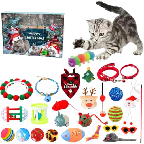 WXFLOVEXMH Katzenspielzeug Adventskalender 2024, 24 Katzenspielzeuge Weihnachtskalender Interaktives Kätzchenspielzeug mit Katzenminze Fisch, Mäuse, Bälle und Glocken, Katzen adventskalender 2024 (B) von WXFLOVEXMH