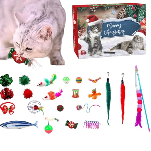 WXFLOVEXMH Katzenspielzeug Adventskalender 2024, 24 Katzenspielzeuge Weihnachtskalender Interaktives Kätzchenspielzeug mit Katzenminze Fisch, Mäuse, Bälle und Glocken, Katzen adventskalender 2024 (A) von WXFLOVEXMH