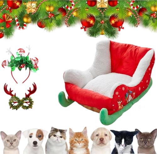 Weihnachts-Hundebett, Hundebett, Weihnachts-Katzenbett, Weihnachtsschlitten, Hundebett, interessantes rotes Weihnachtskatzen-Hundebett, Plüsch, synthetisches Haustierbett, waschbar und sehr langlebig von WXFLOVEXMH