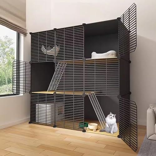 WXXSHGDW 3-Stöckige Katzenkäfig Indoor, Katzenkäfig Groß, DIY-Katzengehege, Katzenhütte für Den Innenbereich, Katzenvilla mit Katzentoilette, Katzenbett, Katzennapf, für 1-3 Katzen von WXXSHGDW