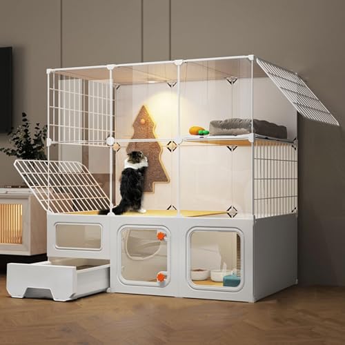 WXXSHGDW Katzenkäfig Indoor mit Katzentoilette, 3-Stöckiger Großer Katzenkäfig, Katzengehege, Katzenvilla für Den Innenbereich, mit Transparenten Fenstern, für 1-2 Katzen von WXXSHGDW