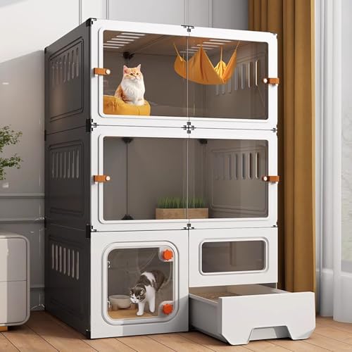 WXXSHGDW Katzenkäfig Indoor mit Katzentoilette, Großer Katzenkäfig, Katzengehege für Den Innenbereich, Transparente Katzenvilla, 3 Ebenen, Extra Großer Platz, für 1–2 Katzen(Black) von WXXSHGDW