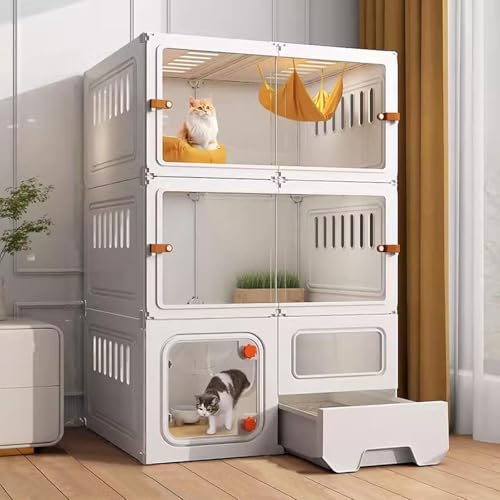 WXXSHGDW Katzenkäfig Indoor mit Katzentoilette, Großer Katzenkäfig, Katzengehege für Den Innenbereich, Transparente Katzenvilla, 3 Ebenen, Extra Großer Platz, für 1–2 Katzen(White) von WXXSHGDW