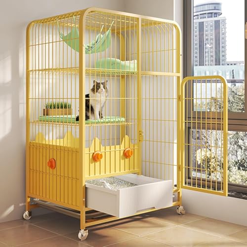 WXXSHGDW Katzenkäfige für Den Innenbereich mit Rollen, 3-Stufiger Großer Katzenkäfig mit Katzentoilette, Katzenkäfig mit Bodenwanne, Metallmaterial, für 2-3 Katzen(Yellow) von WXXSHGDW