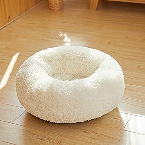 Abnehmbares Kunstpelz-Hundebett, Donut Fluffy Plüsch-Katzenbett Beruhigungskissen Rundes Haustiernest Warme Sofahöhle, für Katze/Klein Mittel Großer Hund-M-60x60x20cm-Weiß von WYJW