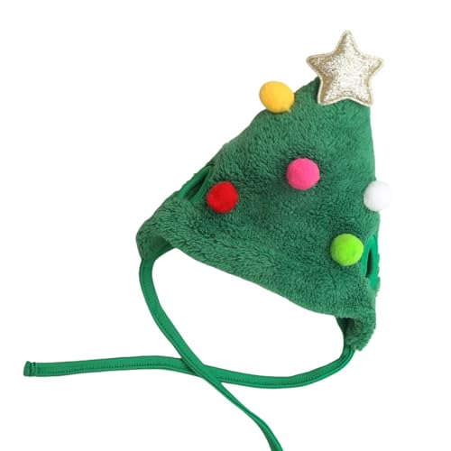 WYLZLKX Rentier-Weihnachtsbaum-Kopfbedeckung, Hut für Haustierdekorationen, Rentier, Stern, Pompons, Weihnachts-Kopfbedeckung, Foto-Requisiten, grüne Mütze, bunte Bälle, Größe L von WYLZLKX