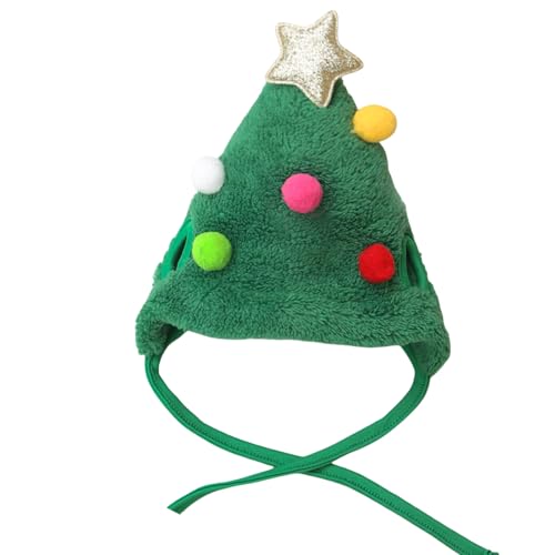 WYLZLKX Rentier-Weihnachtsbaum-Kopfbedeckung, Hut für Haustierdekorationen, Rentier, Stern, Pompons, Weihnachts-Kopfbedeckung, Foto-Requisiten, grüne Mütze, bunte Bälle, Größe S von WYLZLKX