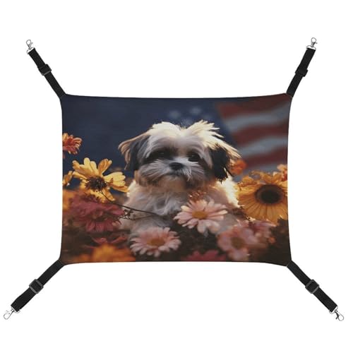 WYUSPGK Cozy Pet Hammock, Shih Tzu Hund und Blumen Druck Atmungsaktive Haustier Hängematte Platzsparendes Segeltuch Bett für Katzen und kleine Hunde, verstellbar, tragbar und leicht zu reinigen von WYUSPGK