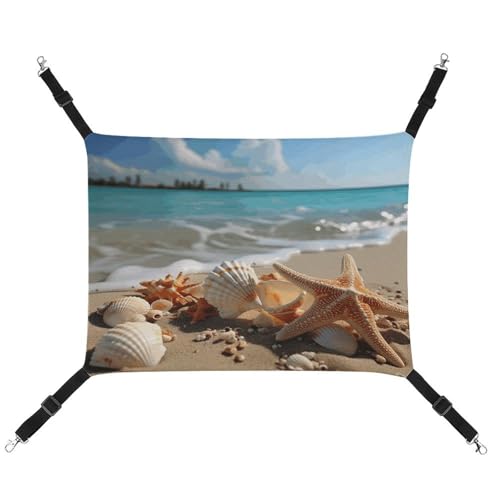 WYUSPGK Gemütliche Haustier-Hängematte, Muscheln, Seestern am Strand, bedruckt, atmungsaktiv, platzsparendes Canvas-Bett für Katzen und kleine Hunde, verstellbar, tragbar und leicht zu reinigen von WYUSPGK