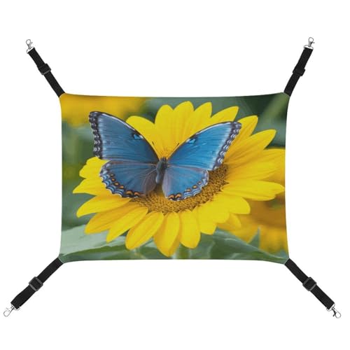 WYUSPGK Gemütliche Haustier-Hängematte, Sonnenblumen-Blau, Schmetterlingsdruck, atmungsaktiv, Haustier-Hängematte, platzsparendes Canvas-Bett für Katzen und kleine Hunde, verstellbar, tragbar und von WYUSPGK