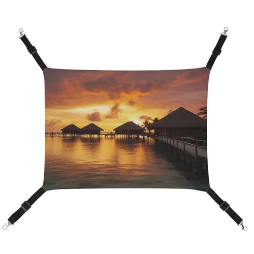 WYUSPGK Gemütliche Haustier-Hängematte, Tahiti Resort Sonnenuntergang, Abziehdruck, atmungsaktiv, platzsparendes Canvas-Bett für Katzen und kleine Hunde, verstellbar, tragbar und leicht zu reinigen von WYUSPGK