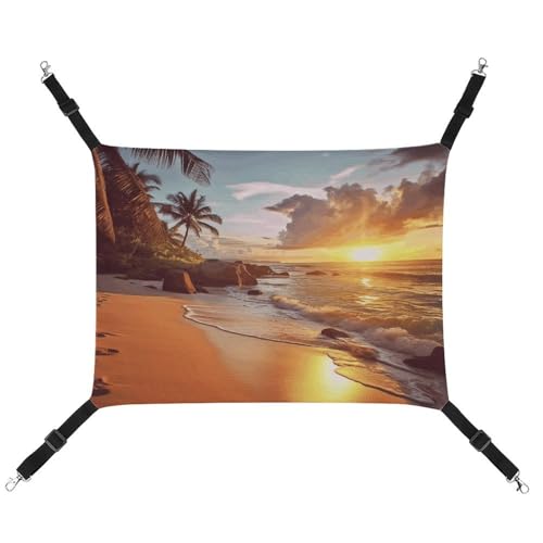 WYUSPGK Gemütliche Haustier-Hängematte, tropischer Strand bei Sonnenuntergang, atmungsaktiv, platzsparendes Canvas-Bett für Katzen und kleine Hunde, verstellbar, tragbar und leicht zu reinigen von WYUSPGK