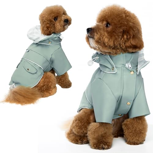 Waffles & Crunch Oxford Hunde-Regenmantel: 100 % wasserdicht, strapazierfähige Hunde-Regenjacke, reflektierende Streifen, elegantes weiches Futter, Zugang zum Geschirr, abnehmbare Kapuze, Unisex, von Waffles & Crunch