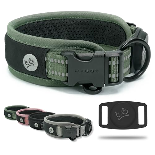 Premium Hundehalsband – Apple Airtag-Halter - verstellbar, strapazierfähig, 3M reflektierend, kein Scheuern, ultraweiches Air-Mesh gepolstert mit Schnellverschluss-Schnalle, Haustierhalsband für von WaggyLife