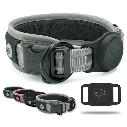 Premium Hundehalsband – Apple Airtag-Halterung – verstellbar, strapazierfähig, 3M reflektierend, kein Scheuern, ultraweiches Air-Mesh gepolstert mit Schnellverschluss-Schnalle, Haustierhalsband für von WaggyLife