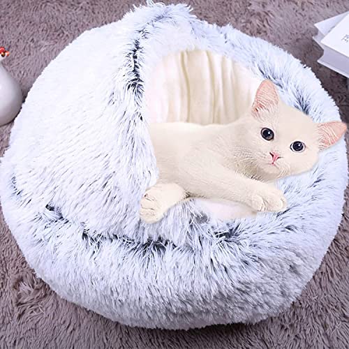 Haustierbett Katzenhöhle Bett, beruhigendes Katzenzelt, weich, warm, flauschig, 2-in-1-Katzenschlafkissen, Katzenbett mit Kapuze, rutschfest, waschbar (35 cm, Grau-B) von Waigg Kii