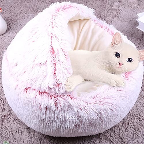 Haustierbett Katzenhöhle Bett, beruhigendes Katzenzelt, weich, warm, flauschig, 2-in-1-Katzenschlafkissen, Katzenbett mit Kapuze, rutschfest, waschbar (40 cm, Pink-B) von Waigg Kii