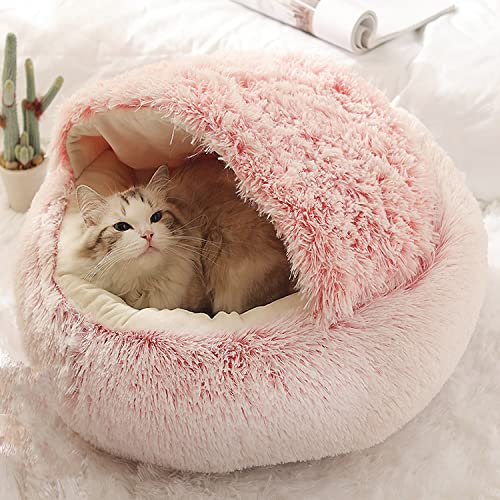 Katzenhöhle Bett Haustierzelt Kapuze Katzenbett Weicher Plüsch Donut Katzenschlafsack, Winter Warm Flauschiges Hundekissen Rutschfest Waschbar (40 cm, Samt-Pink) von Waigg Kii