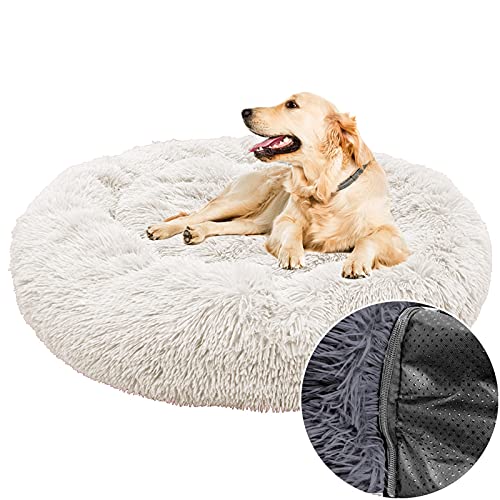 Plüsch-Hundebett, Donut, rund, weich, kuschelig, flauschiges Kissen, Haustierbetten für große, mittelgroße und kleine Hunde, Katzen, waschbar (110 cm, weiß) von Waigg Kii