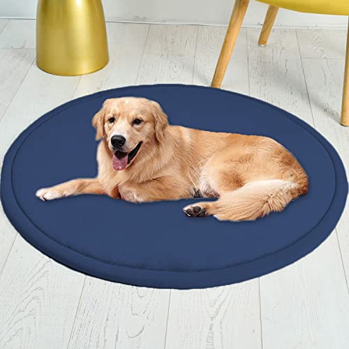 Roung Hundebettmatte, weiches Korallen-Samt, große Haustier-Schlafmatte, warmer Bodenteppich, rutschfester Teppich für Wohnzimmer, Schlafzimmer (rund, 110 cm, marineblau) von Waigg Kii