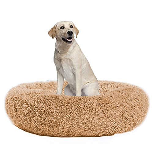 Waigg Kii Hundebett aus Plüsch, Donut-Größe, rund, flauschiges Kissen, XL, weiches Haustierbett für große/mittel/kleine Hunde und Katzen (110 cm, Beige) von Waigg Kii