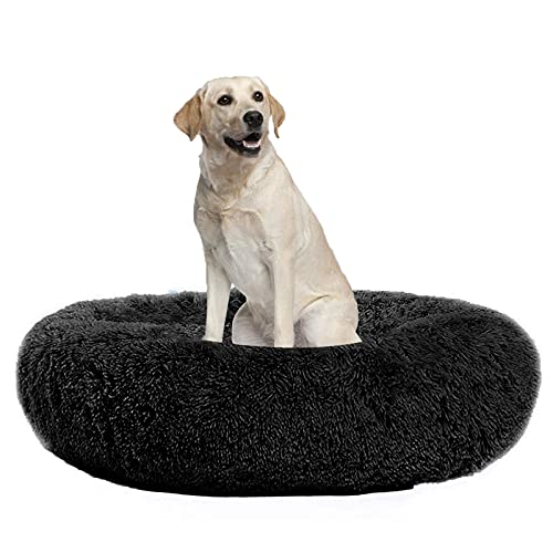 Waigg Kii Hundebett aus Plüsch, Donut-Größe, rund, flauschiges Kissen, XL, weiches Haustierbett für große/mittel/kleine Hunde und Katzen (120 cm, schwarz) von Waigg Kii