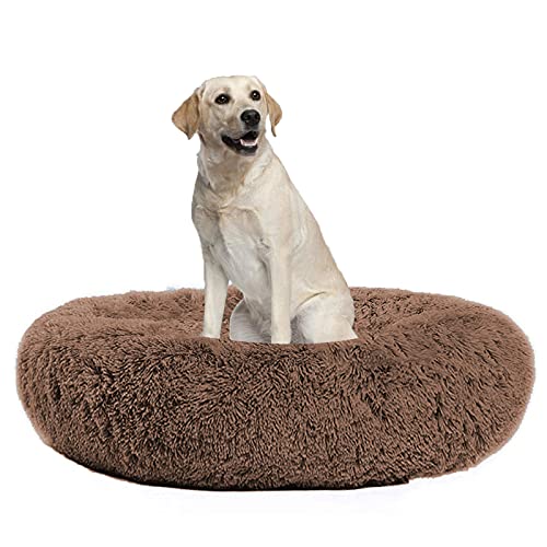 Waigg Kii Hundebett aus Plüsch, Donut-Größe, rund, flauschiges Kissen, XL, weiches Haustierbett für große/mittel/kleine Hunde und Katzen (90 cm, braun) von Waigg Kii