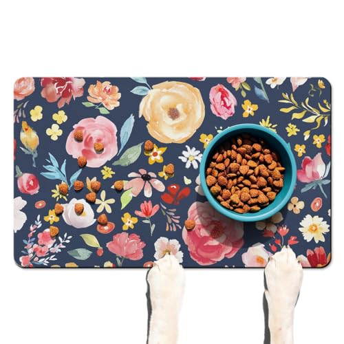 Hunde-Futternapf-Matte für Böden, saugfähig, buntes Blumenmuster, für Futter und Wasser, schnell trocknend, Futternapf-Matten, rutschfeste Boho-Hunde- und Katzen-Tischset, 30,5 x 50,8 cm von Wakasui