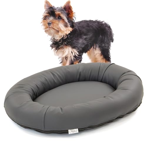 Wallace & Jones | Premium Hundebett Bolton Hundesofa 63x50 cm Hundecouch aus Kunstleder Hundebett für kleine Hunde, verdeckter Zipper, waschbar, rutschfest, dunkelgrau von Wallace & Jones