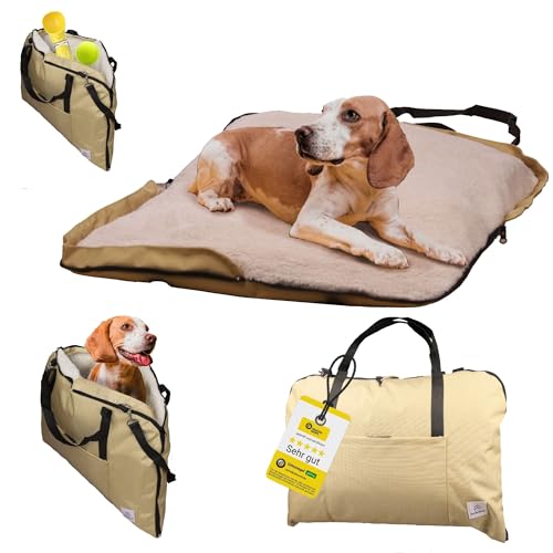 Wanderpfote Hundebett für Unterwegs – hochwertiges Orthopädisches Hundebett – praktische Tragetasche für Gepäck oder Tragehilfe Hund – Hundematte OekoTex und GSR Zertifiziert (Beige, M) von Wanderpfote