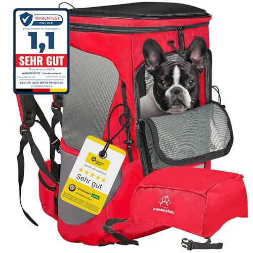 Wanderpfote Trekking Hunderucksack bis 12kg zum Wandern - Größe M, Farbe Rot - Premium Rucksack mit Höhenverstellbarem Tragesystem und Stauraum für Gepäck - Hundetragetasche von Wanderpfote