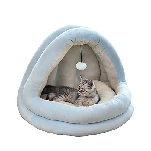 2-in-1 Katzenhöhle Haus Schlafbett Weich Gemütlich Katzenzelt mit Rutschfester Unterseite Warm Indoor halbgeschlossenes Haustierbett Kleine Hunde Iglu mit waschbarem Kissen, 55 x 44 x 44 cm, Blau von Wangle