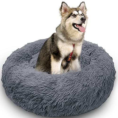 Extra großes Plüsch-Hundebett, rund, bequem, beruhigend, weiches Plüsch-Haustierbett, mit weichem Kissen, Donut, waschbar, selbstwärmend, 120 cm, Dunkelgrau von Wangle