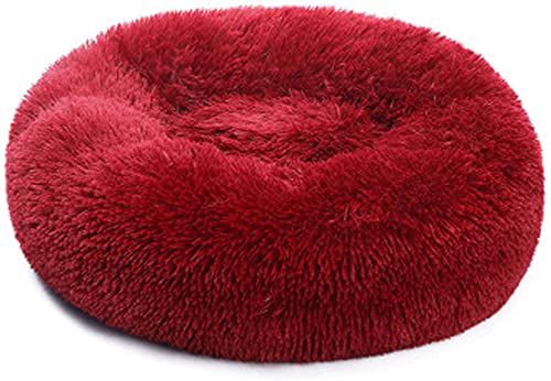 Katzen- und Hundebett, rund, Plüsch, warm, Donut, weich, kuschelig, gemütlich, rutschfeste Unterseite, tiefes Schlafbett für kleine und mittelgroße Tiere, 60 cm, Rot von Wangle