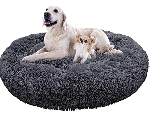 Plüsch-Donut-Haustierbett, waschbar, weiches Anti-Stress, Hundekissen, beruhigendes Kissen, Donut-Pad für Hunde, verbessert Schlaf, Angstlinderung, flauschige Kissenform, dunkelgrau, 130 cm von Wangle