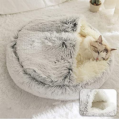 Rundes Katzenbett Nest aus weichem flauschigem Plüsch, Höhle mit Kapuze für Katzen und kleine Hunde, Haustierzelt, Schlafbett, Winter, warm, rutschfest, maschinenwaschbar, Premium-Bett, 40 cm, Grau B von Wangle