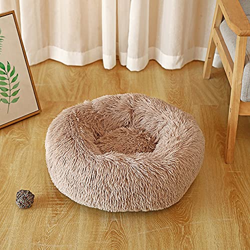 Rundes Katzenbett aus Plüsch, waschbar, flauschiges Plüsch, beruhigendes Hundebett, Hundehütte, rutschfeste Unterseite, Haustierbett, super Welpen-Kissen für warmes Schlafen, Khaki, 100 cm von Wangle