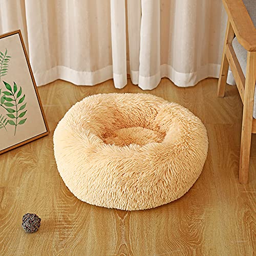 Rundes Katzenbett aus Plüsch, waschbar, flauschiges Plüsch, beruhigendes Hundebett, Hundehütte, rutschfeste Unterseite, Haustierbett, super Welpen-Kissen für warmes Schlafen, gelb, 50 cm von Wangle