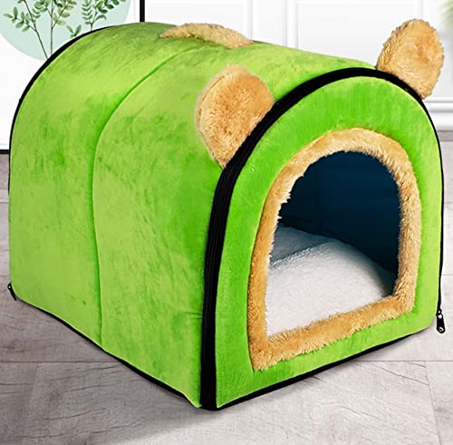 Tragbares Iglu-Hundehüttenbett, für den Innenbereich, 2-in-1, Haustier-Sofa, Höhlenhaus, Hundebett mit abnehmbarem Kissen, warm, bequem, beruhigend, waschbar, Größe M: 43 x 33 x 34 cm, Grün von Wangle