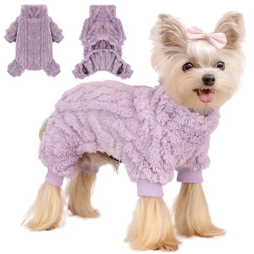 Hunde-Fleecepullover, warme Winterkleidung für kleine Hunde, Mädchen, Jungen, dehnbarer Jumpsuit für Hunde, Pyjama, Rollkragen, Hundepullover mit 4 Beinen (Lila, M) von Wansommy