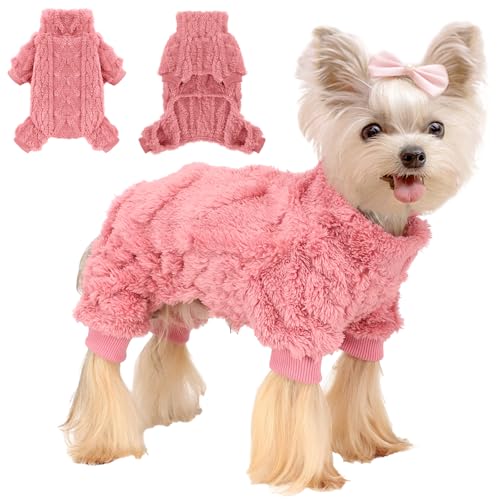 Hunde-Fleecepullover, warme Winterkleidung für kleine Hunde für Mädchen und Jungen, dehnbarer Haustier-Overall, Schlafanzug, Rollkragenpullover mit 4 Beinen (Rosa, Größe M) von Wansommy