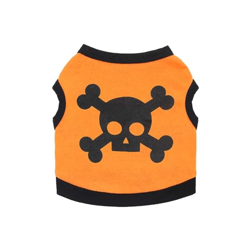 Wantee Hunde-Shirt, Katze, Halloween-Kleidung, ärmellos, Totenkopf-Outfit, kühlender Haustier-Welpen-Pullover, schöne Hundeweste, DDDC, Orange, Größe XS von Wantee