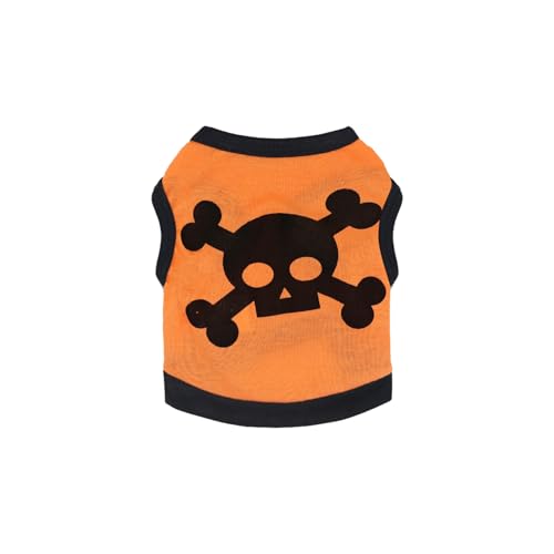 Wantee Hundekleidung, lustiges Katzenshirt mit Totenkopf-Druck, Baumwolle, enganliegend, Tanktop, weiche Kätzchenbekleidung für Halloween-Kostüm, Weste, Shshwsh, Orange, Größe S von Wantee