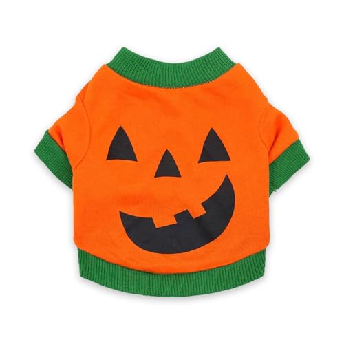 Wantee Hundekleidung, orangefarbenes Halloween-Party-Kürbisgesicht, bedrucktes Hunde-Shirt, gerippt, Rundhalsausschnitt, Outfits für Welpen, Hunde-T-Shirt, AAA Orange02, Größe M von Wantee