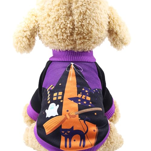 Wantee Hundekostüm, Halloween-Themen, bedrucktes Katzen-Outfit, niedliches Schloss, Geist, Hexenmuster, Sweatshirt für Katzen, Fleece-Hundepullover, CCCV, Violet01, Größe L von Wantee