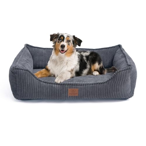 Orthopädisches Premium Hundebett aus Cord für große und mittelgroße Hunde, extra Halteschlaufe, Wasserdichter Innenbezug, Hundesofa, Hundekissen, Bezug abnehmbar, waschbar, 100 x 70 x 17 cm, Grau von Warenhammer