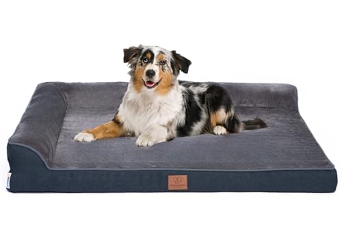 Orthopädisches Premium Hundebett mit Egg Foam, extra Halteschlaufe, Wasserdichter Innenbezug, Hundesofa, Hundekissen, flauschig, Bezug abnehmbar, waschbar, 106 x 81 x 17 cm, Dunkelgrau (XXL) von Warenhammer