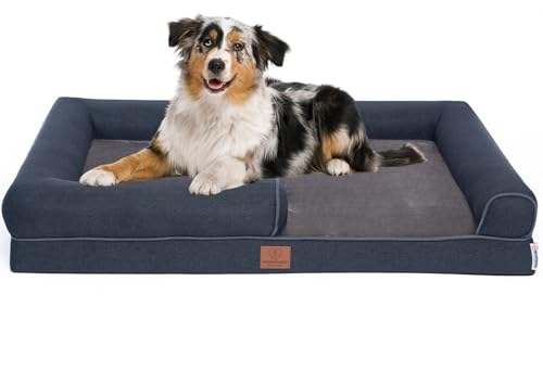 Orthopädisches Premium Hundebett mit Egg Foam, extra Halteschlaufe, Wasserdichter Innenbezug, Hundesofa, Hundekissen, flauschig, Bezug abnehmbar, waschbar, 106 x 81 x 17 cm, Dunkelgrau (XXL) von Warenhammer