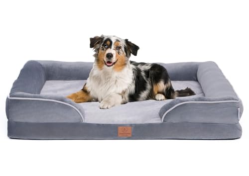 Orthopädisches Hundebett Grosse Hunde, Premium, mit Egg Foam, extra Halteschlaufe, Wasserdichter Innenbezug, Hundesofa, Hundekissen, flauschig, Bezug abnehmbar, waschbar, 106 x 81 x 17 cm, helllgrau von Warenhammer